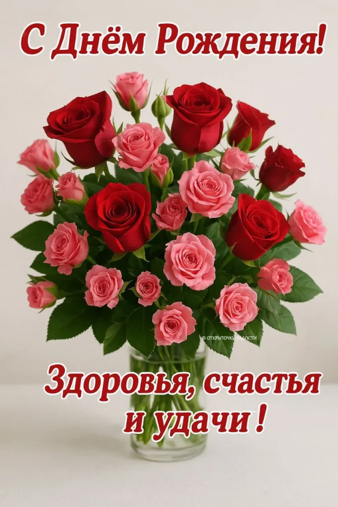 Открытка «С Днём рождения с розами в вазе»