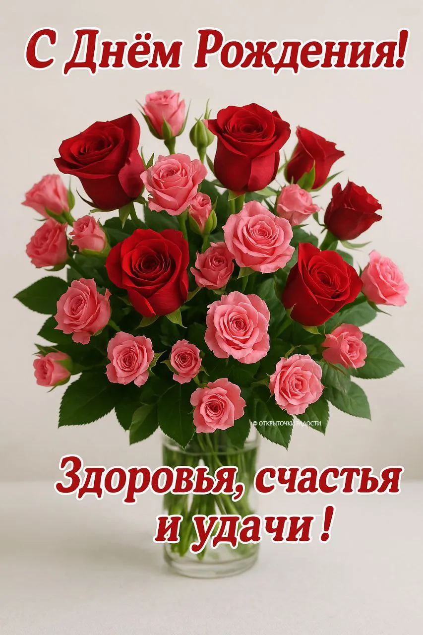 Открытка «С Днём рождения с розами в вазе»