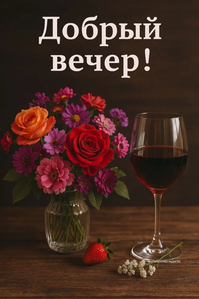 Открытка «Цветы, вино и клубника»