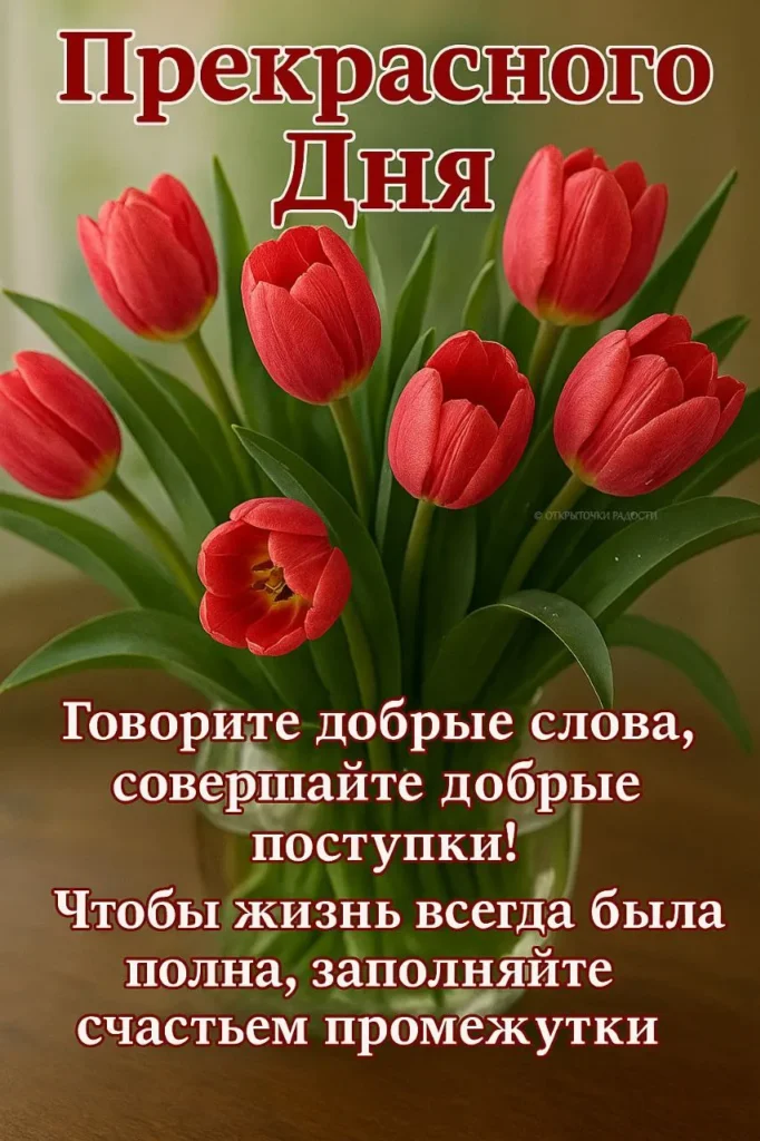 Открытка «Хорошего дня с красными тюльпанами»