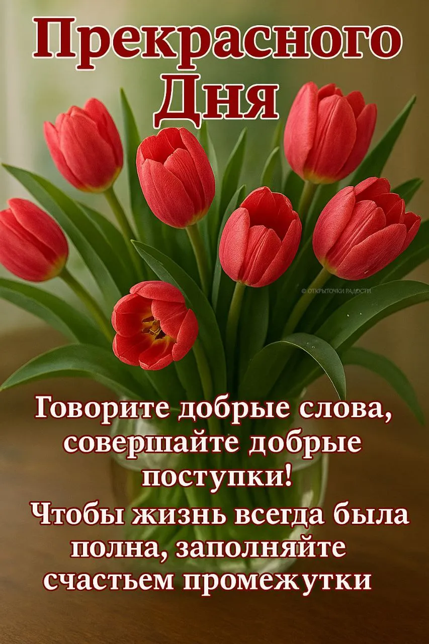 Открытка «Хорошего дня с красными тюльпанами»