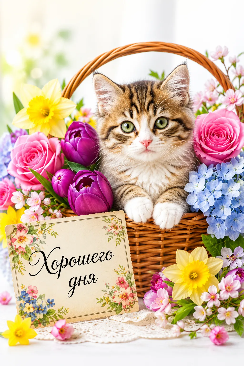 Открытка «Хорошего дня с котёнком в корзине»