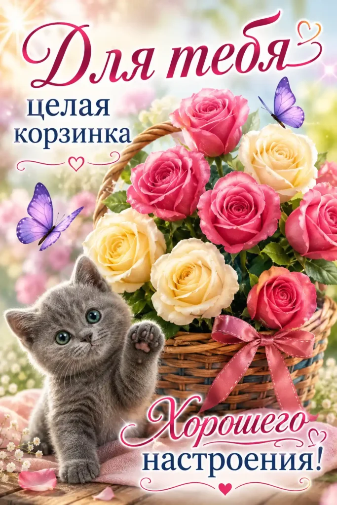 Открытка «Хорошего настроения с серым котиком и розами»