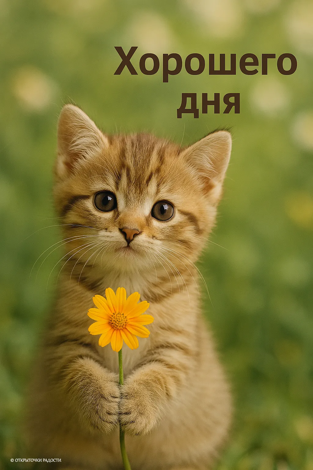 Открытка «Хорошего дня с котёнком и цветком»