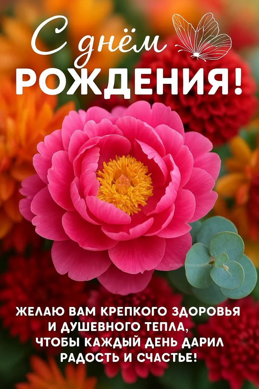 Открытка «С Днём рождения с ярким пионом»