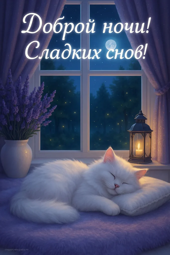 Открытка «Доброй ночи с белым котёнком»