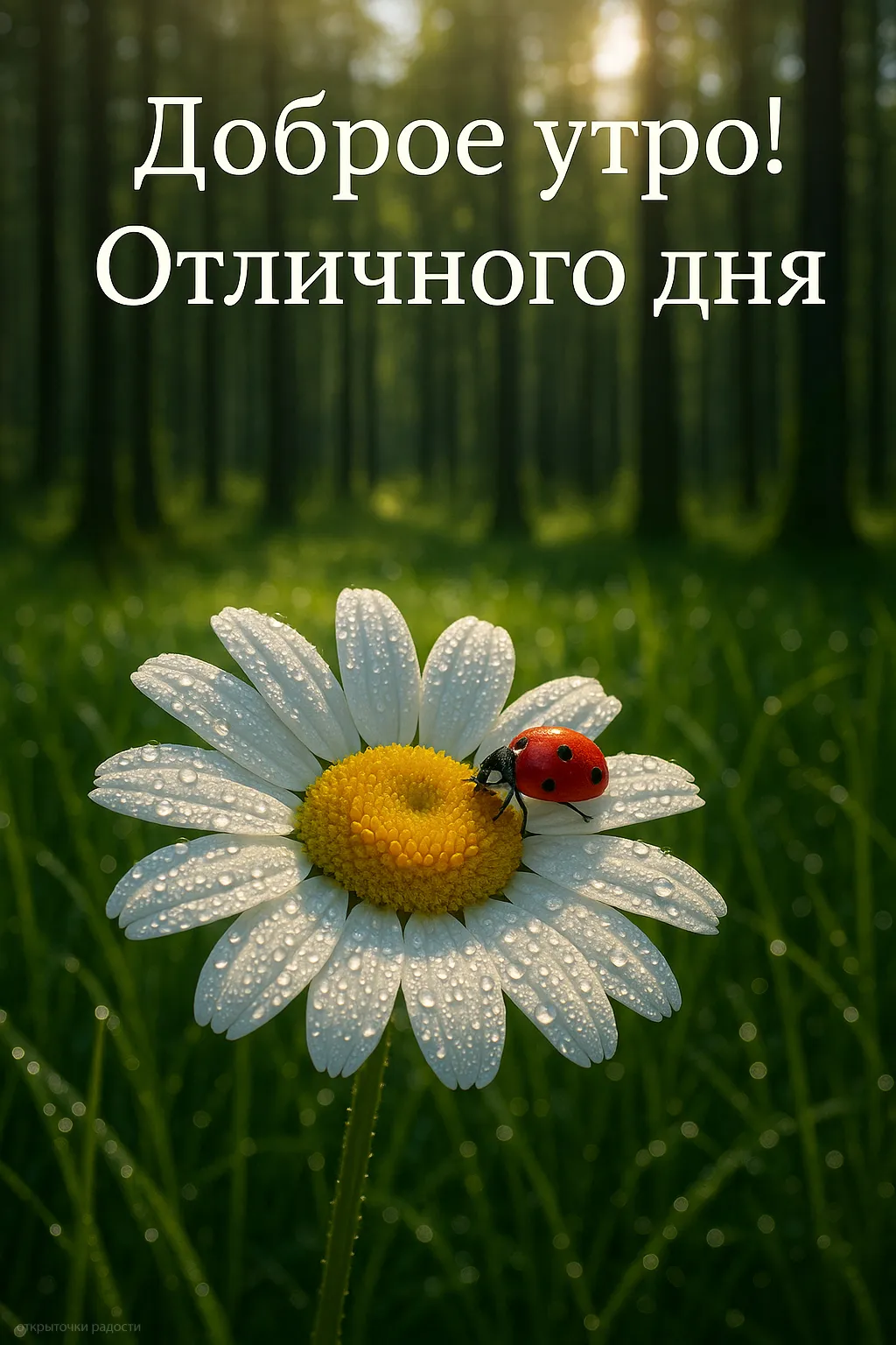 Открытка «Доброе утро с ромашкой и божьей коровкой»