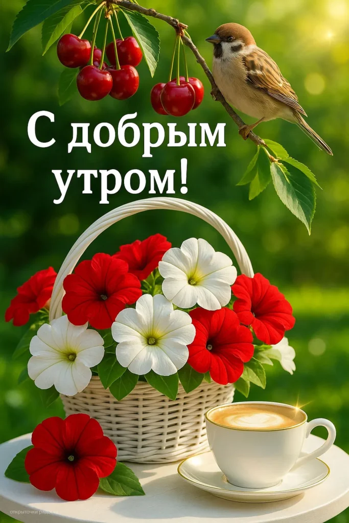 Открытка «Доброе утро с цветами и кофе»
