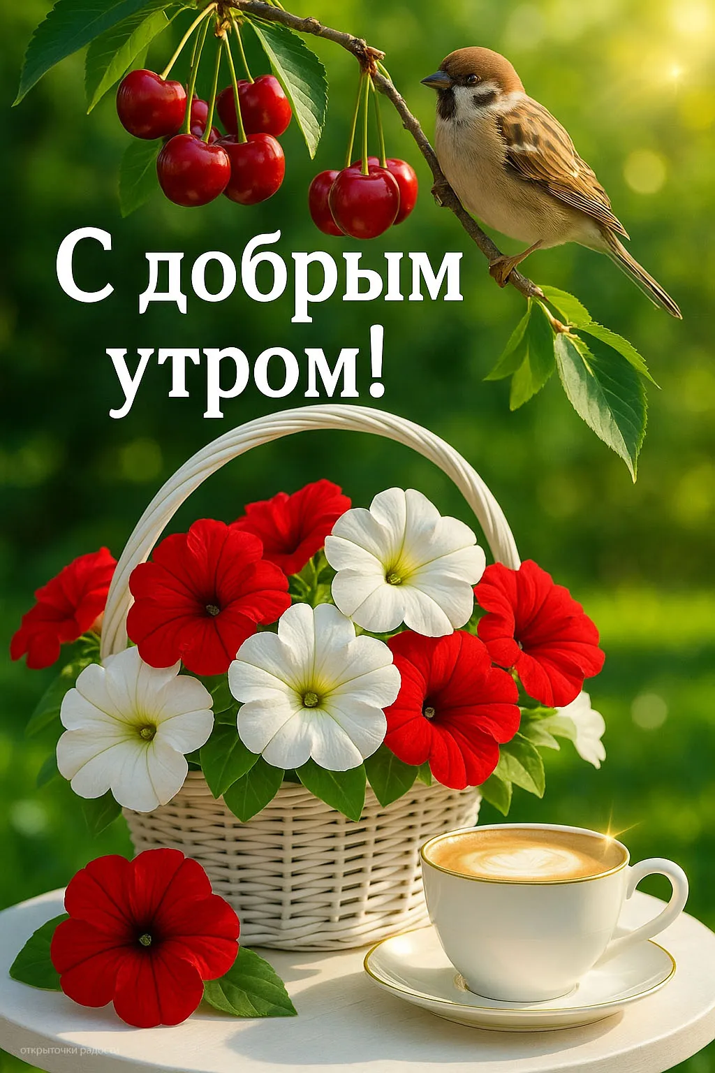 Открытка «Доброе утро с цветами и кофе»