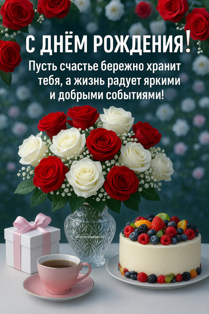 Открытка «С Днём рождения с цветами и подарком»