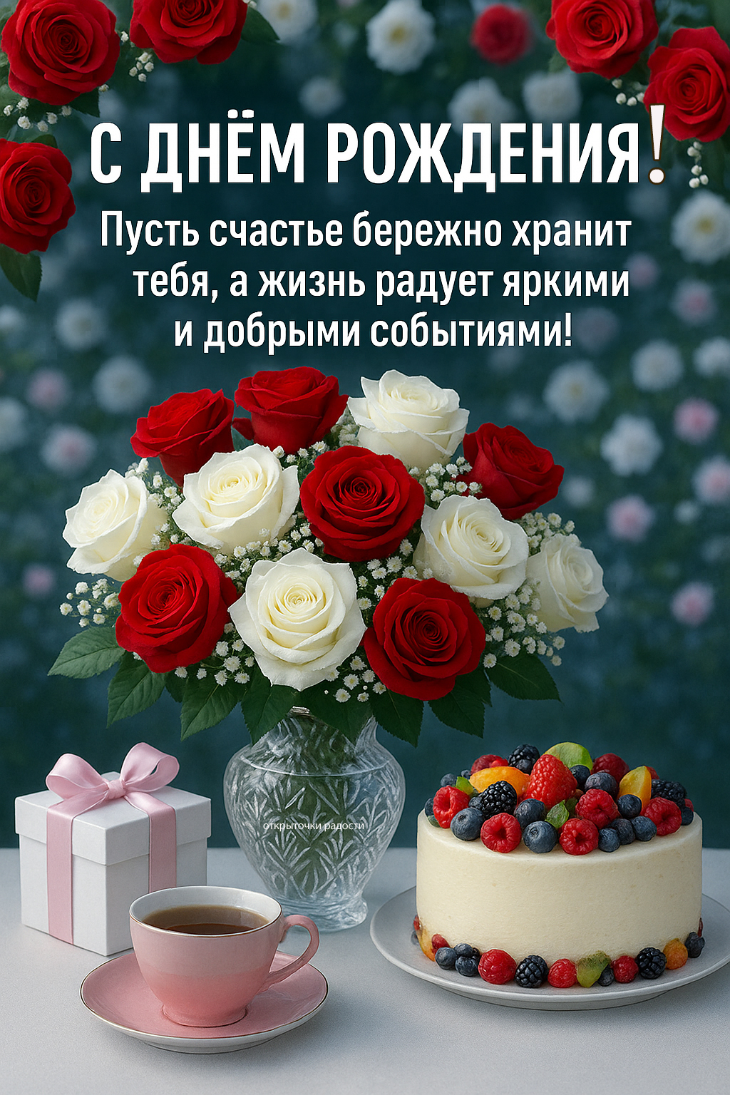 Открытка «С Днём рождения с цветами и подарком»