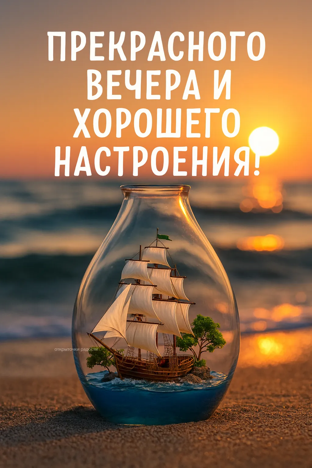 Открытка «Кораблик в бутылке на закате»
