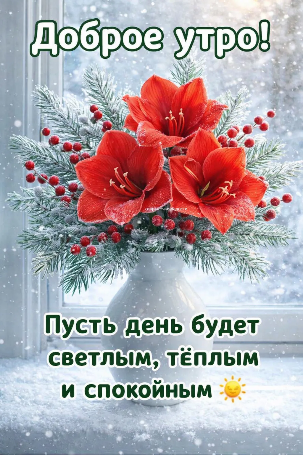 Открытка «Яркие амариллисы в снегу»