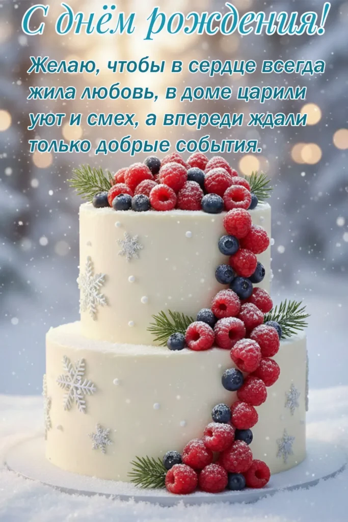 Открытка «С Днём рождения с зимним тортом»