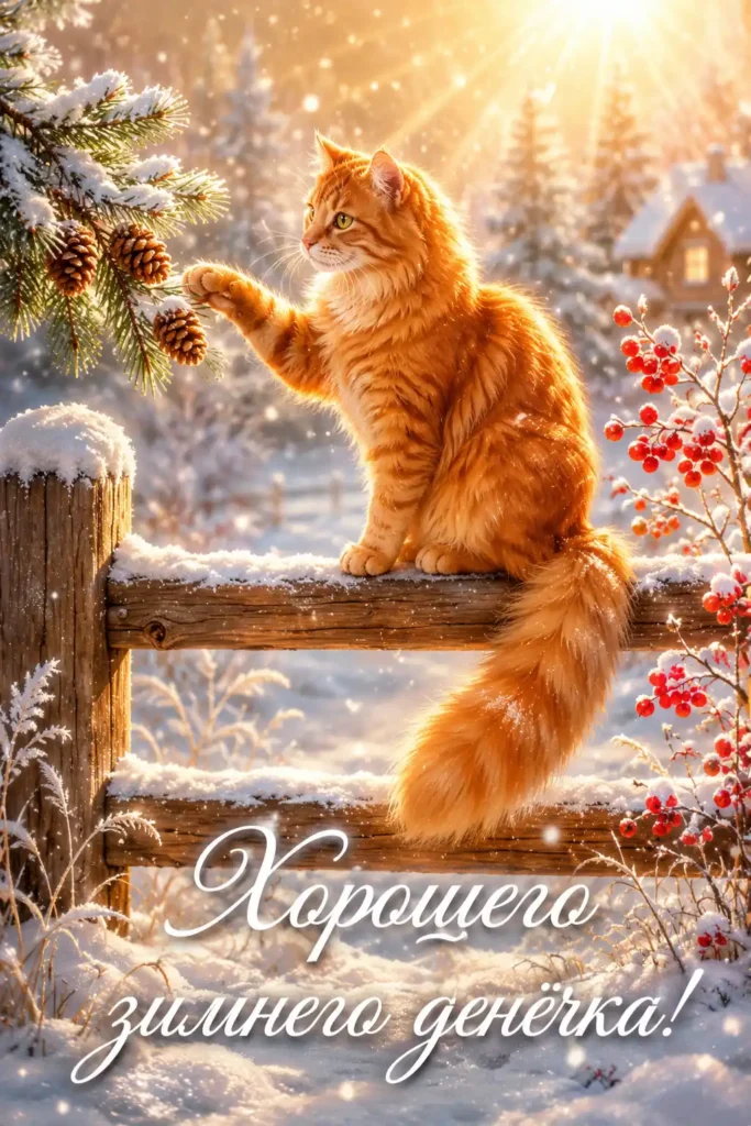 Открытка «Хорошего зимнего денёчка с рыжим котом»