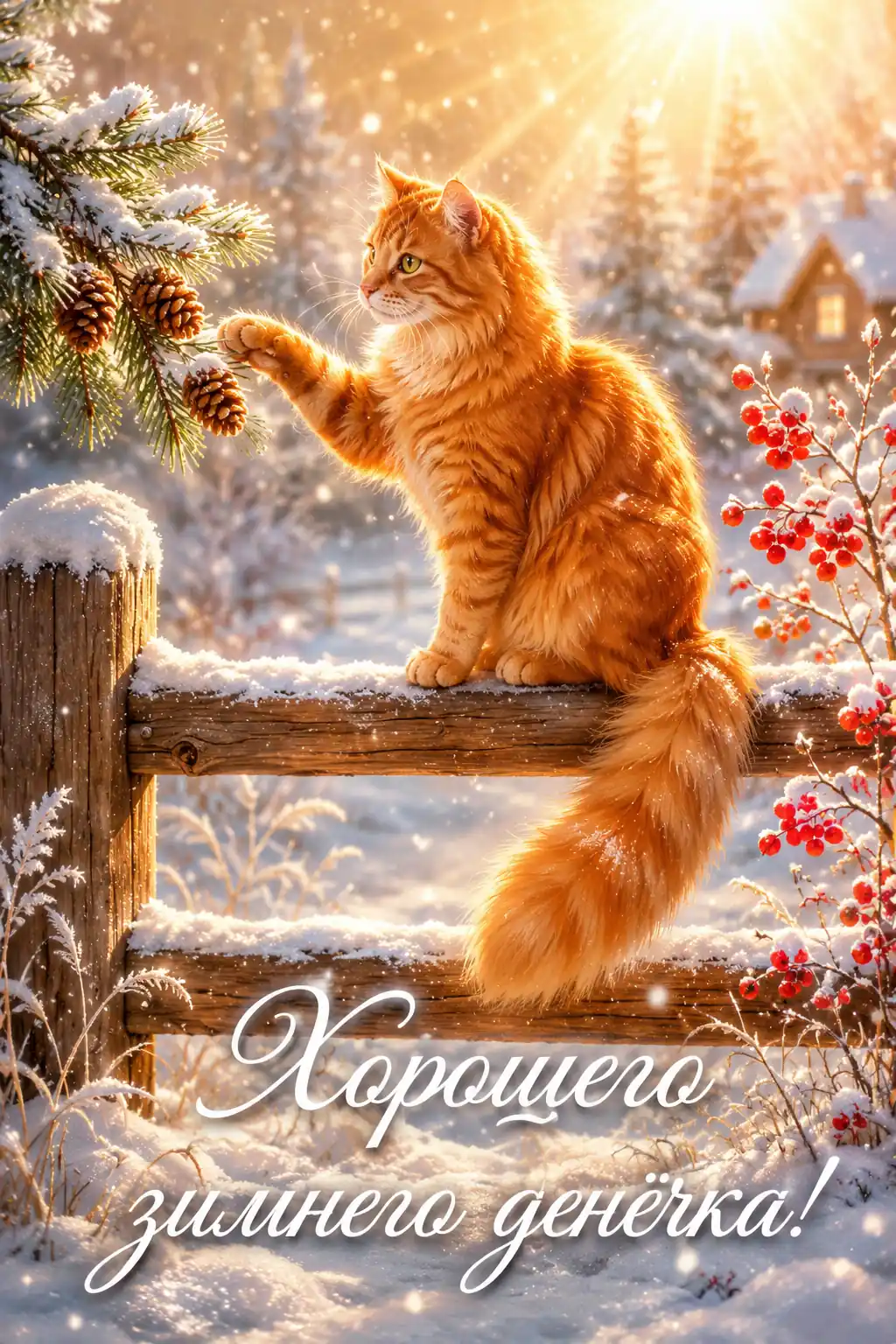 Открытка «Хорошего зимнего денёчка с рыжим котом»