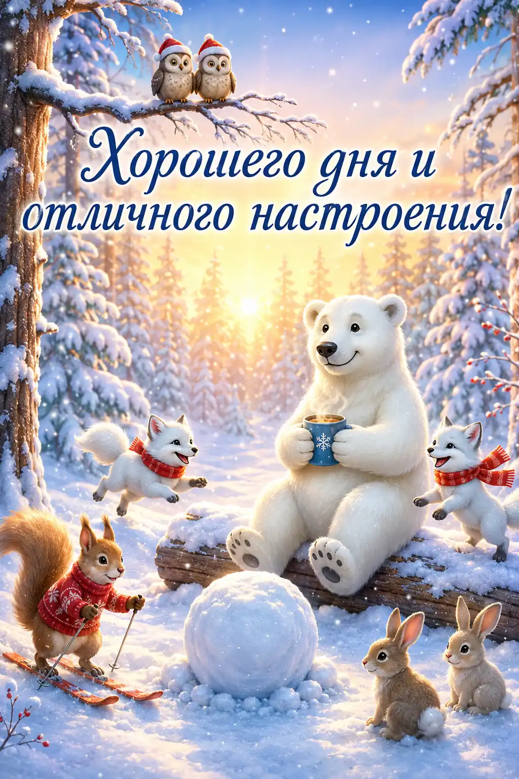 Открытка «Хорошего дня с белым мишкой и лесными зверятами»