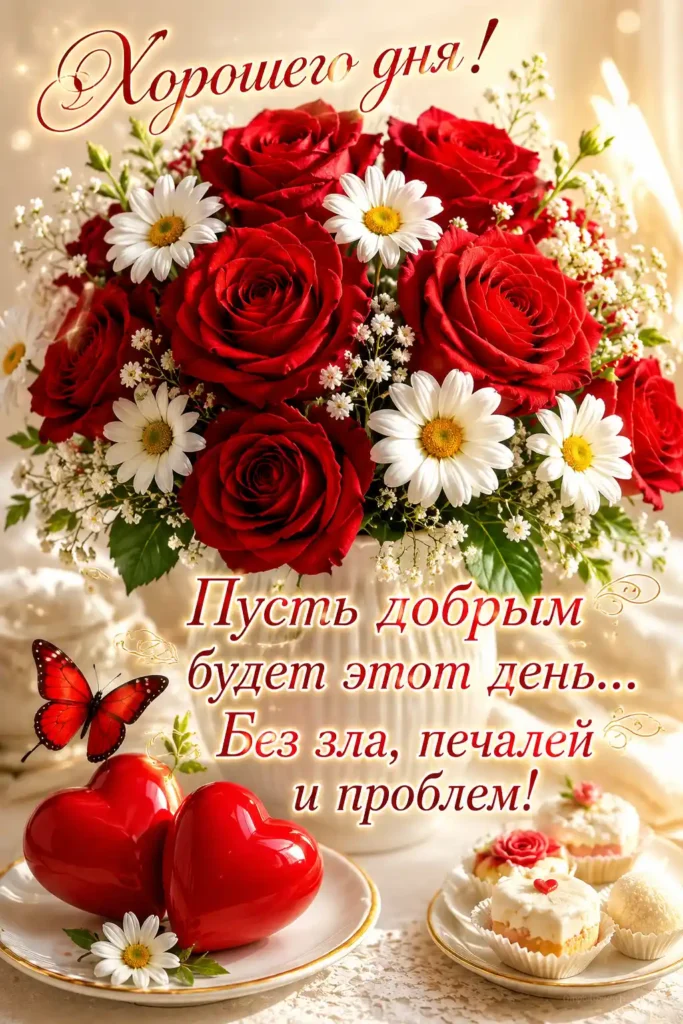 Открытка «Хорошего дня с красными розами и сердцами»