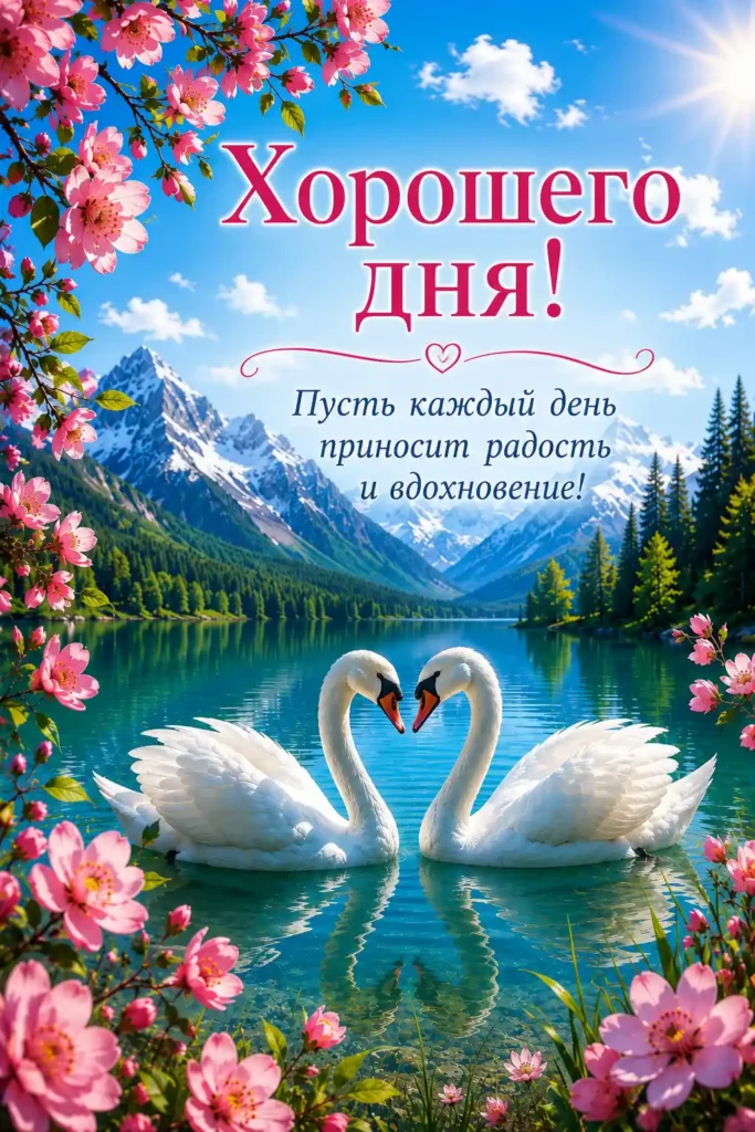 Открытка «Хорошего дня с лебедями и цветами»