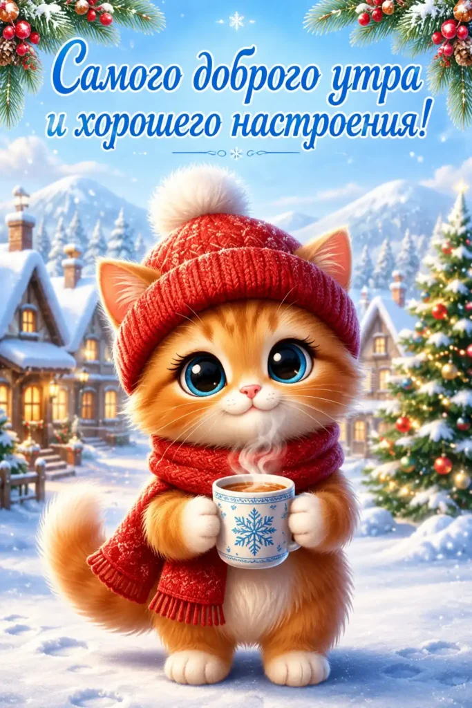 Открытка «Доброе утро с рыжим котёнком и чашкой»