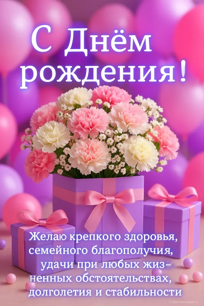 Открытка «С днём рождения с гвоздиками и подарком»