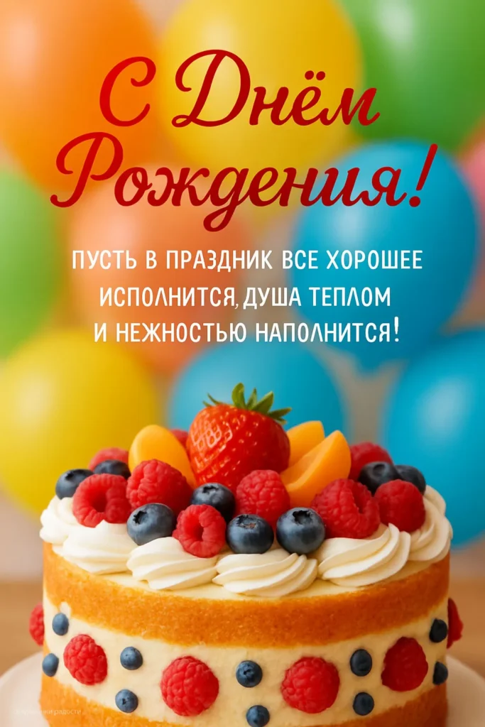 Открытка «С днём рождения с ягодным тортом»