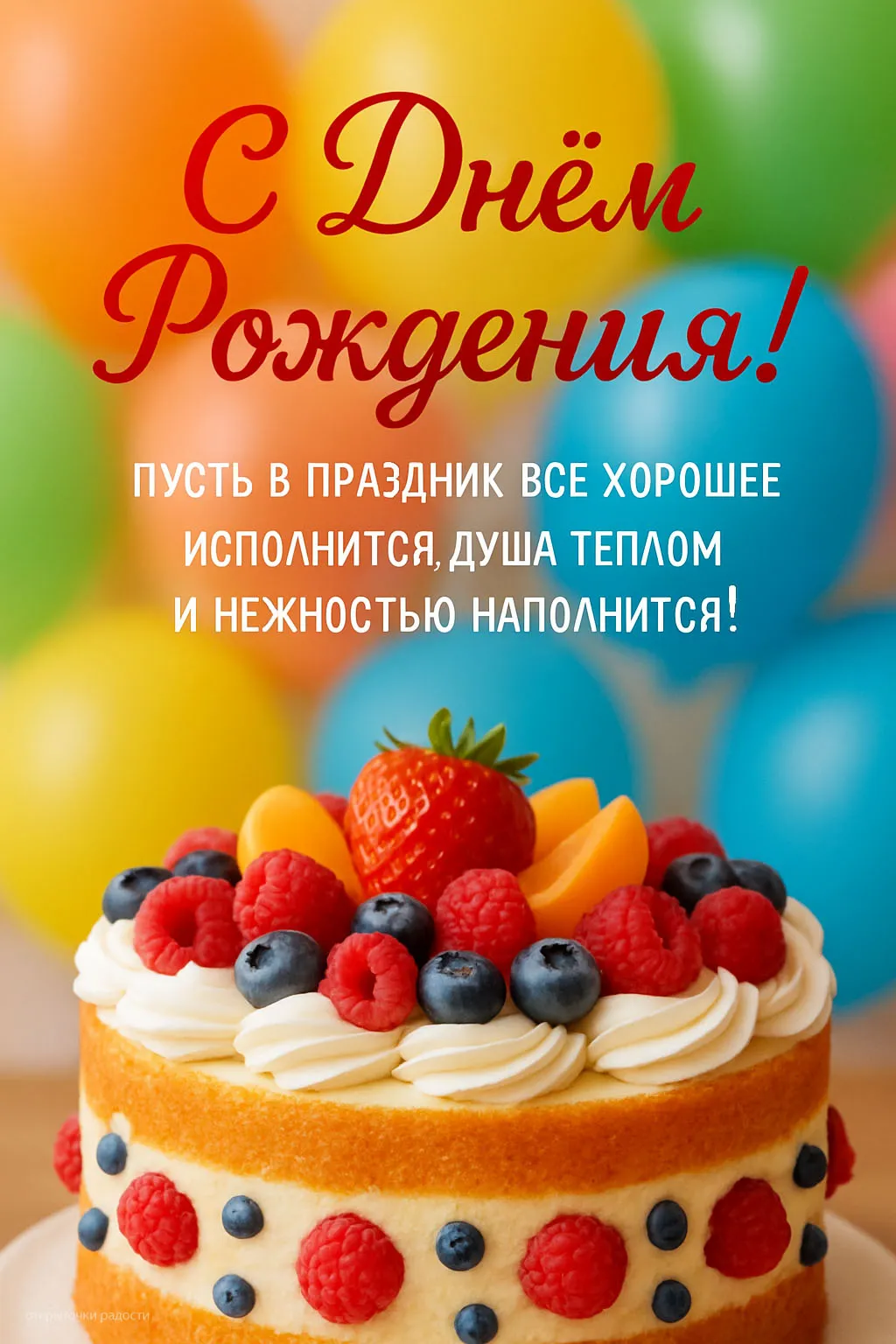 Открытка «С днём рождения с ягодным тортом»