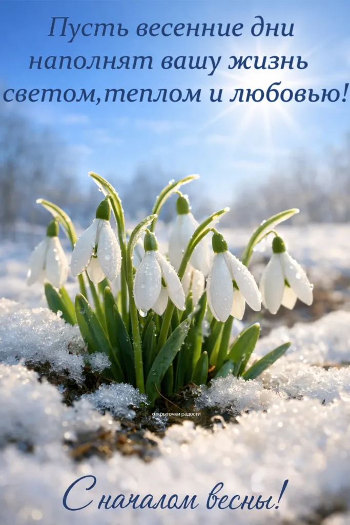 Открытка «Хорошего дня с подснежниками в снегу»