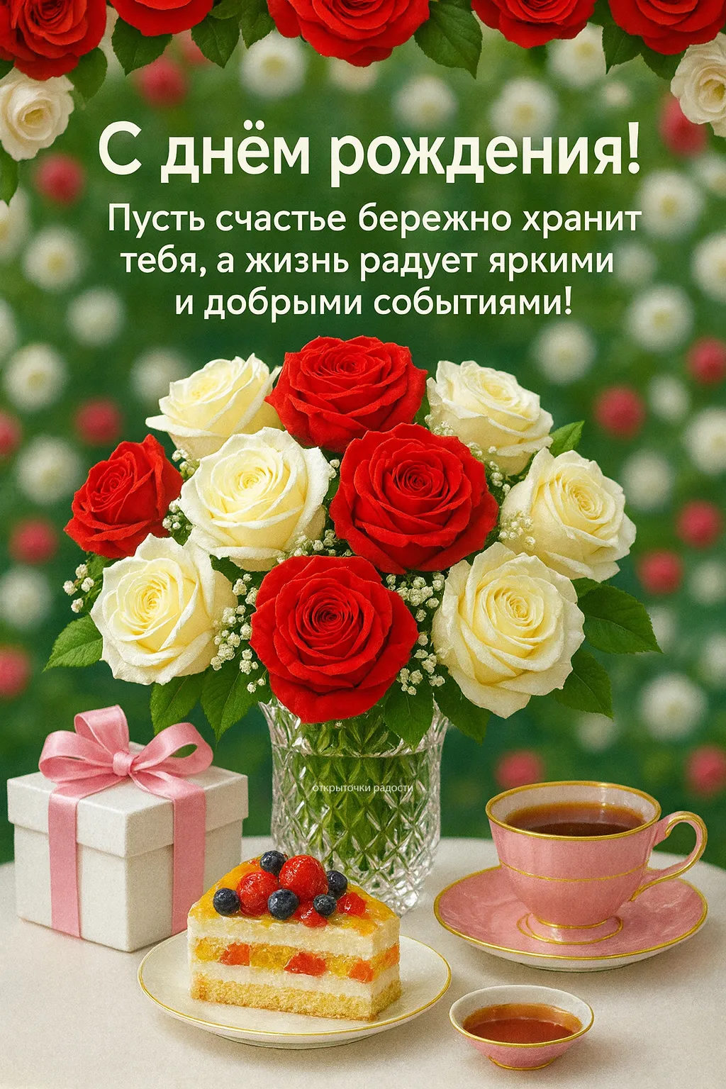 Открытка «С Днём рождения с цветами и подарком»