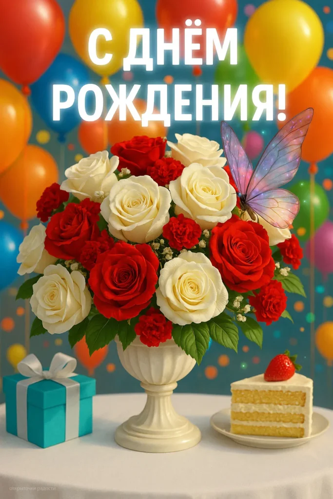 Открытка «С днём рождения с розами и воздушными шарами»