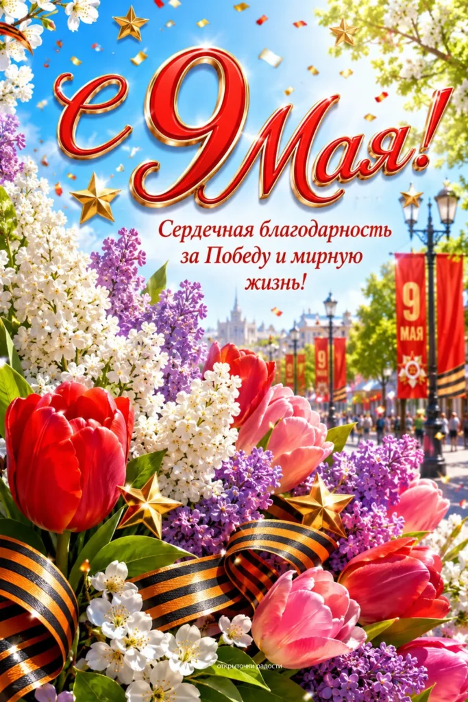 Открытка «День Победы с сиренью и тюльпанами»