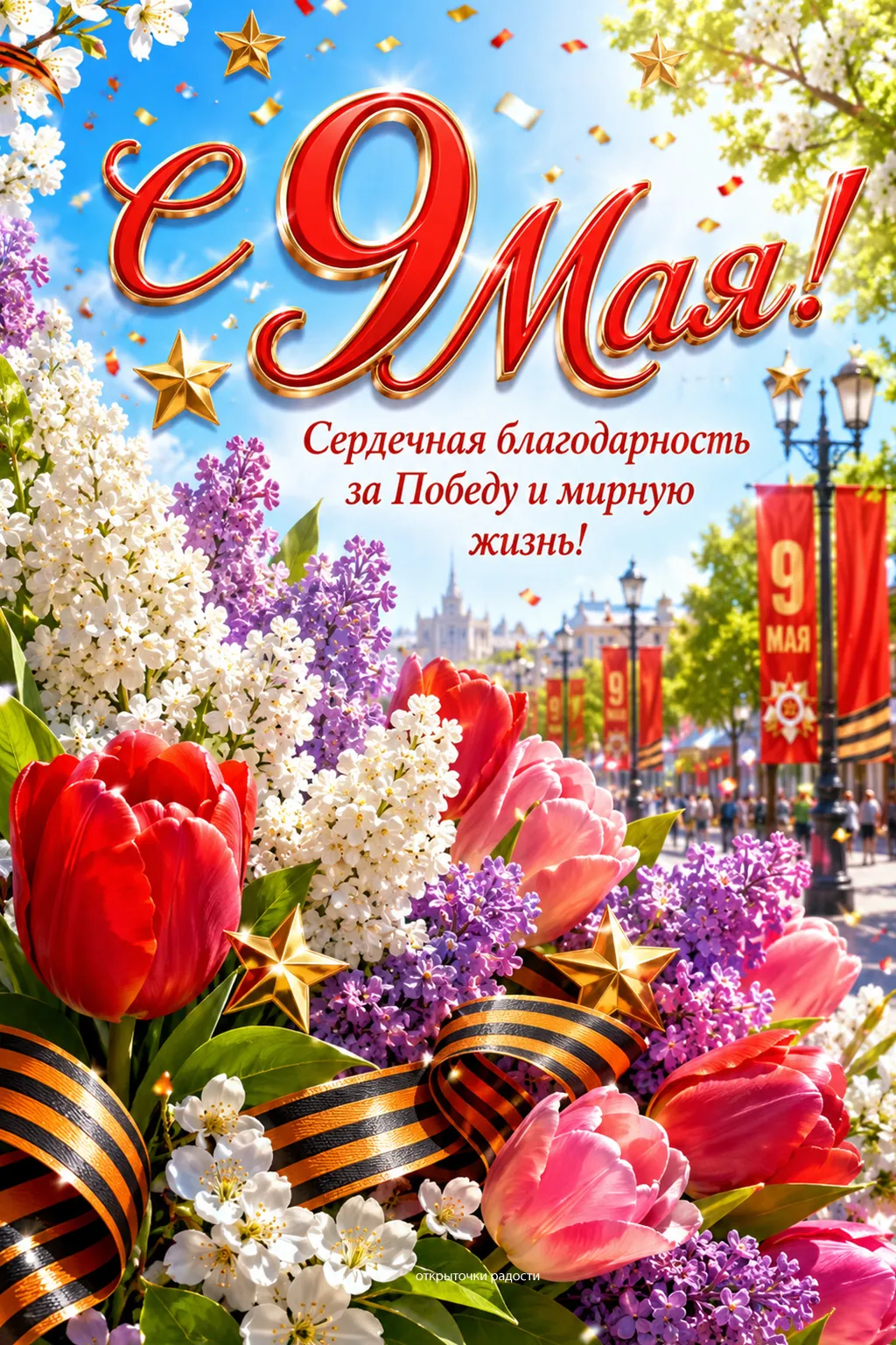 Открытка «День Победы с сиренью и тюльпанами»