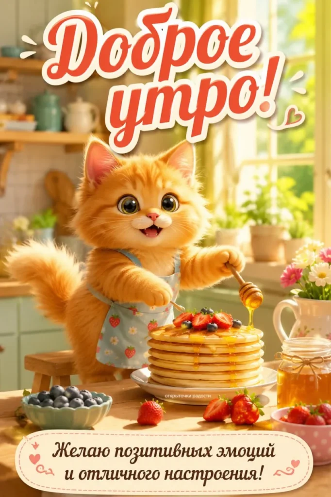 Открытка «Доброе утро с котиком на кухне»