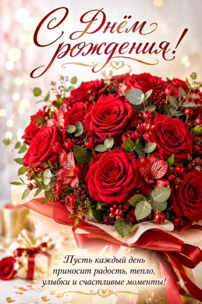 Открытка «С Днём рождения с алыми розами»