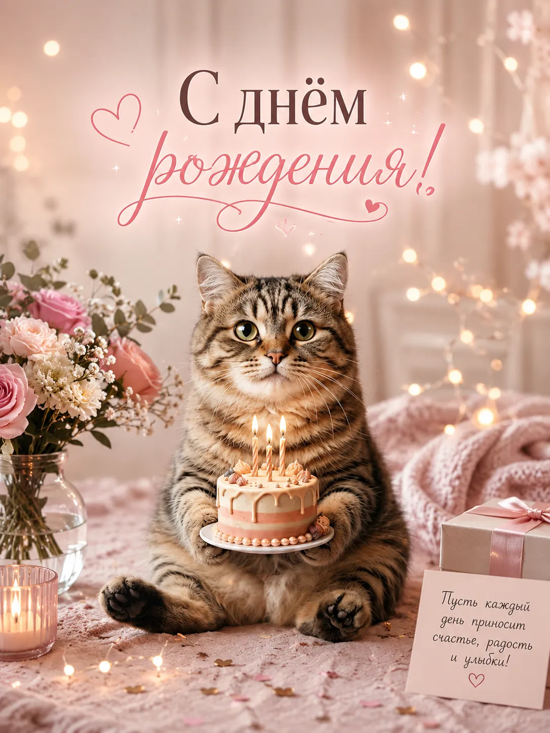 Открытка «С Днём рождения с котом и тортом»