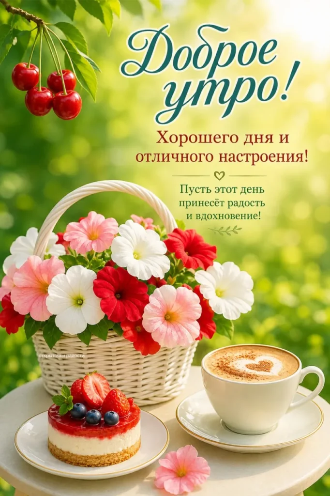 Открытка «Доброе утро с цветочной корзиной и кофе»