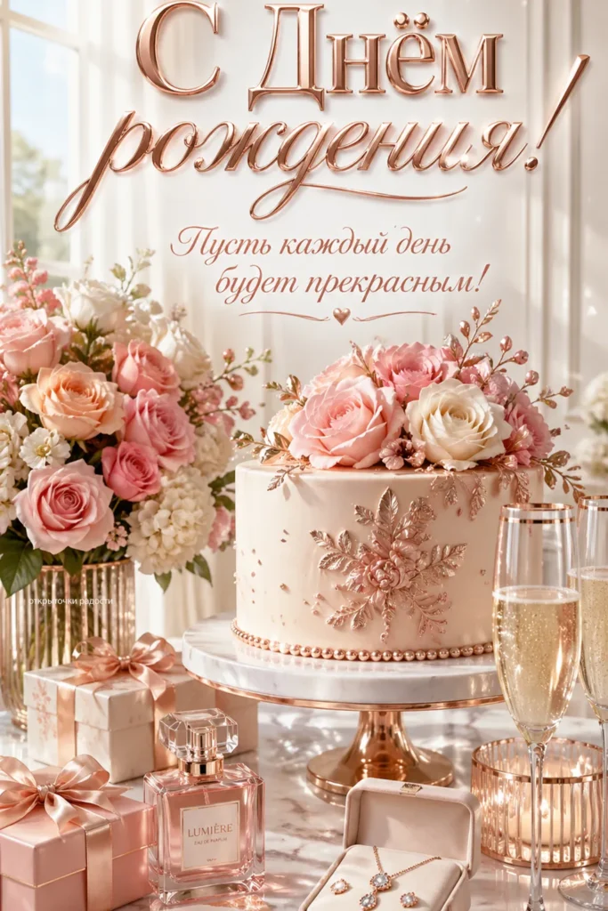 Открытка «С Днём рождения с тортом и розами»